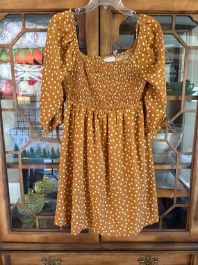Andree Mustard Polka Dot Smocked Casual Dress